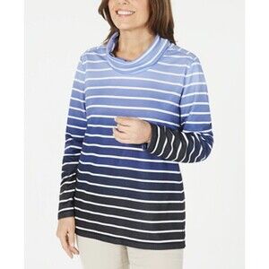 Karen Scott Sport Sweatshirt Women Blue Ombre Striped Cowl Neck Pullover Top PS